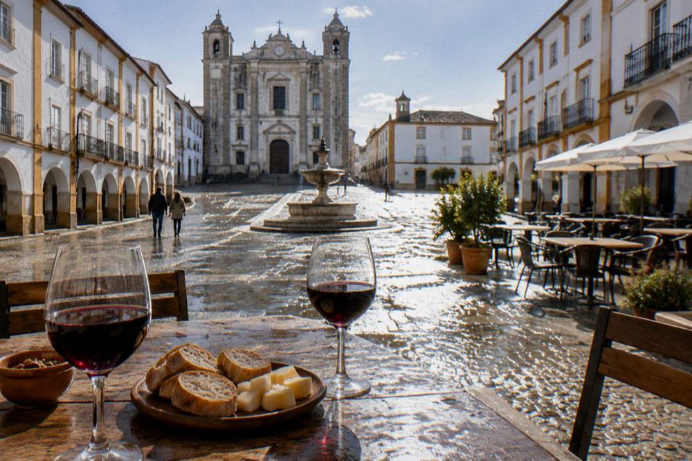 Glasses of red Alentejo wine and a plate of regional bread and cheese on a rustic tavern table