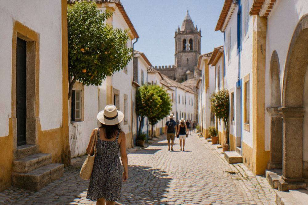 Visitors with sun hats walking a sunlit cobbled street in Évora beside whitewashed walls
