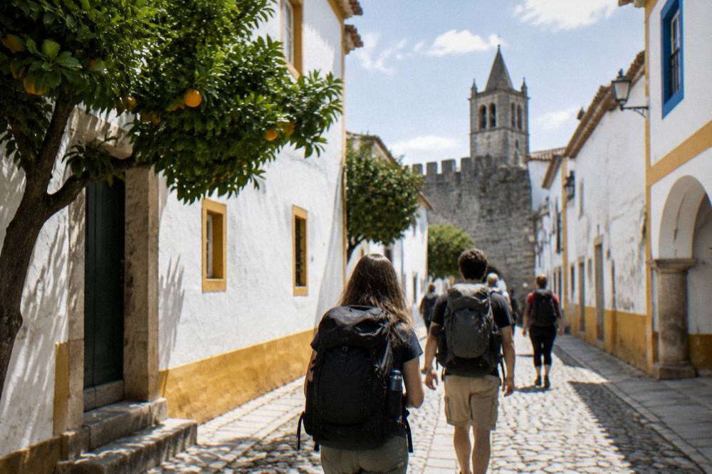 Travellers with backpacks walking from Évora railway station toward the old city walls in morning light
