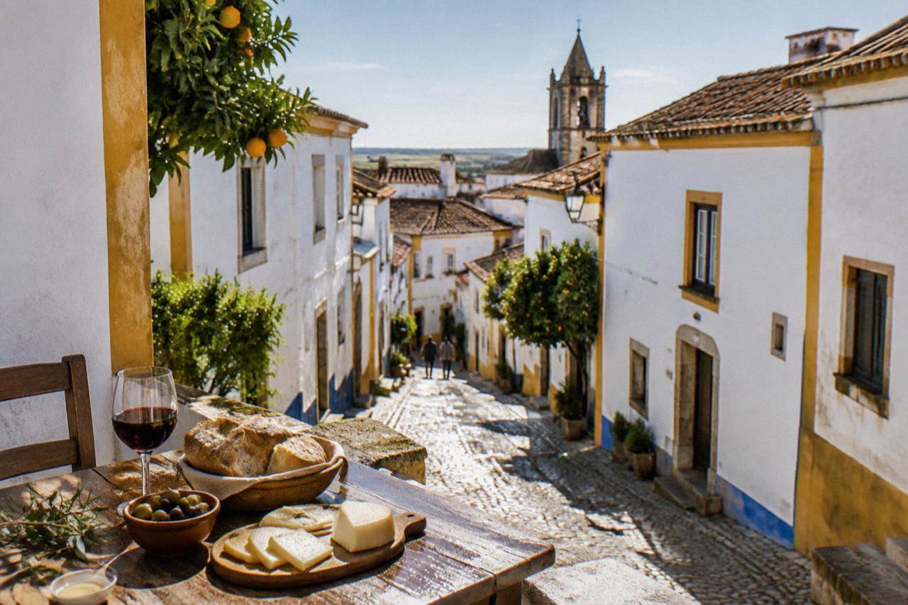 A rustic Alentejo table set with bread, olives, cheese and a glass of red wine