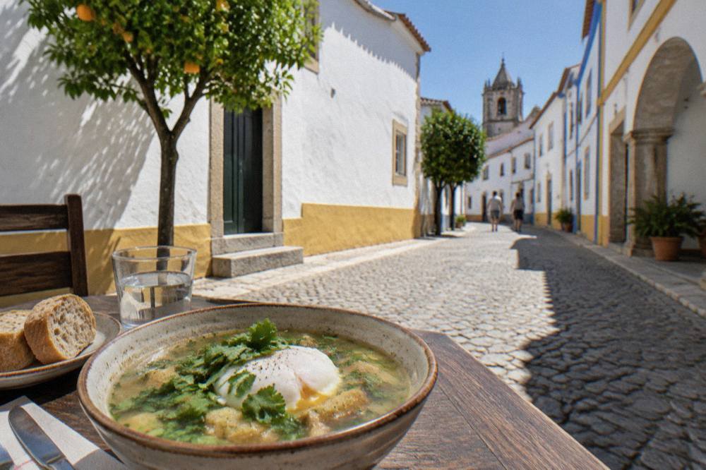 A bowl of bread soup with coriander and a poached egg on a tavern table