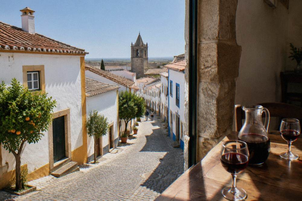 A glass jug of red wine and two glasses on a tavern table in an old stone room