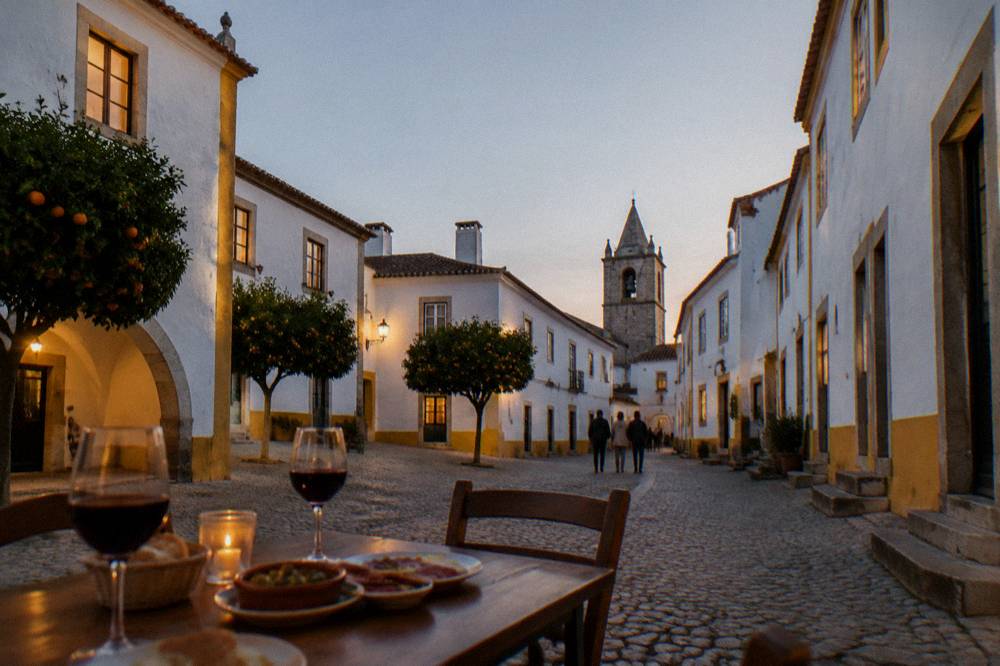 An outdoor tavern table in a small square at dusk with wine and small plates