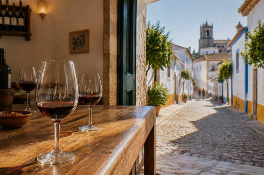 A winery tasting room with glasses of red wine on a wooden counter
