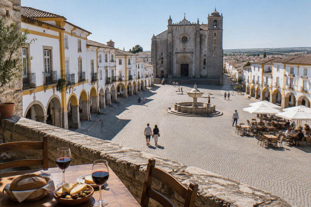 A rustic Alentejo table set with bread, cheese, olives and glasses of red wine in a stone-walled dining room