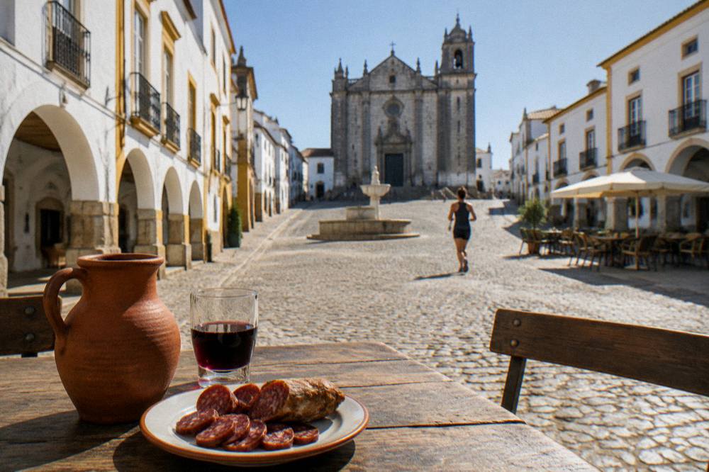 A clay jug of red wine and a plate of regional cured sausage on a weathered wooden table