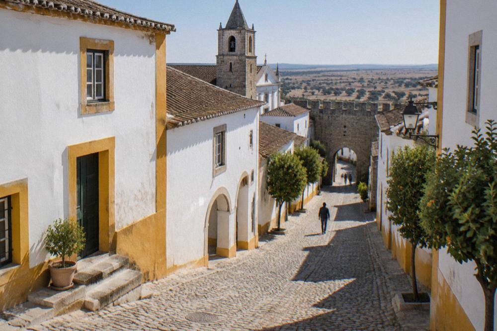 Medieval stone walls and a city gate of Évora under a clear sky