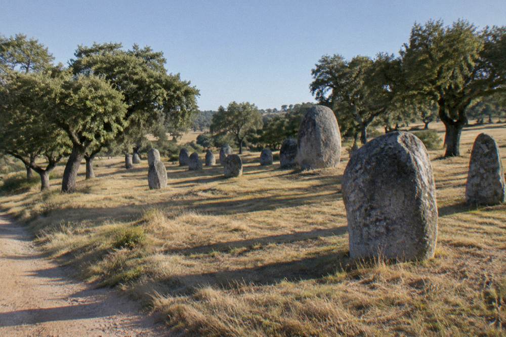 Standing stones of the Almendres cromlech on a grassy slope in the Alentejo countryside