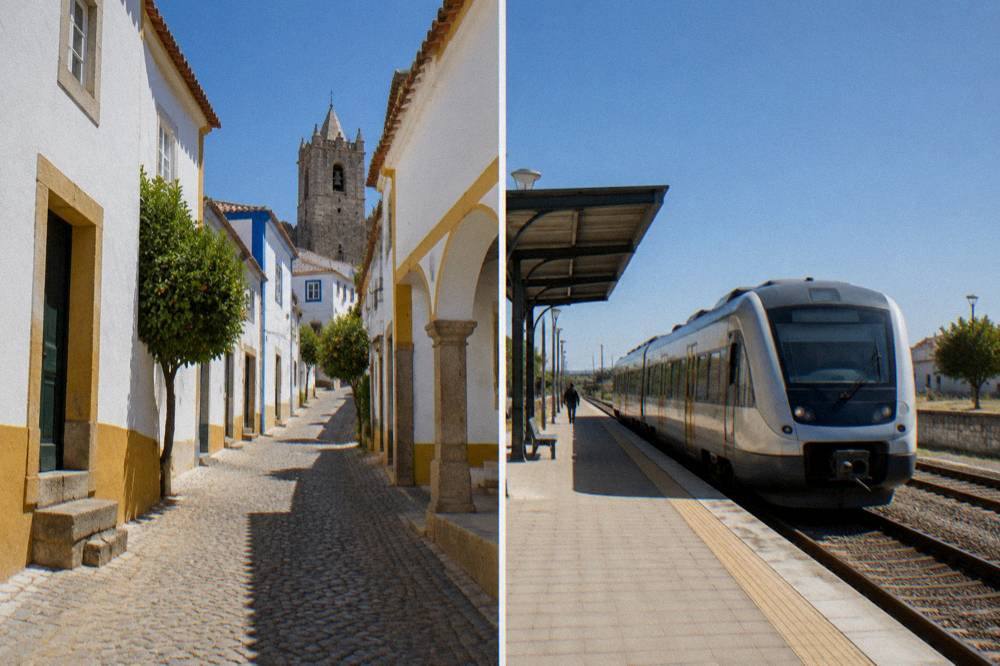 A modern train standing at Évora railway station platform under morning light