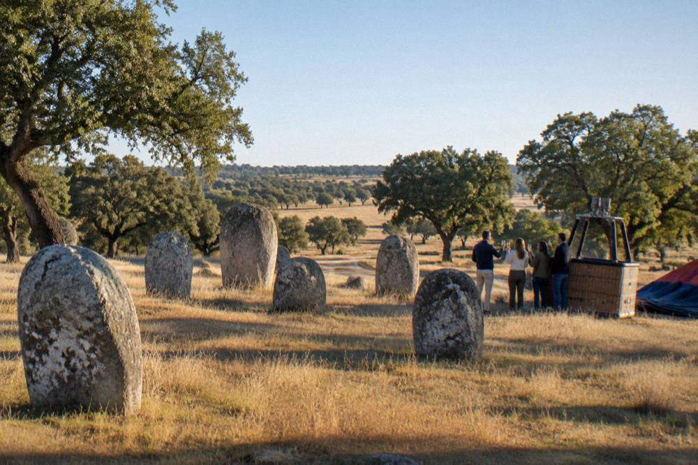 A small group raising glasses beside a landed balloon basket on open grassland at sunrise