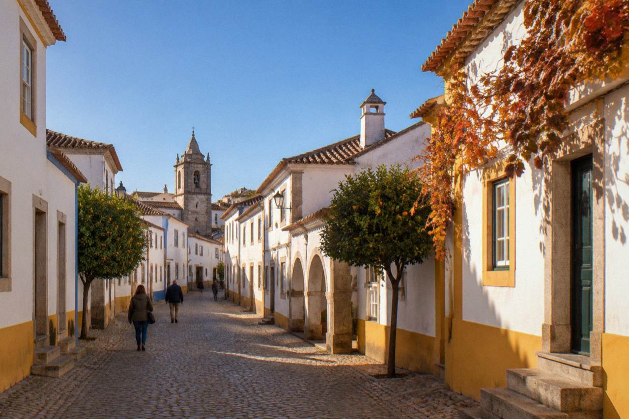 Golden late afternoon light on the whitewashed houses and tiled roofs inside the walled centre of Évora