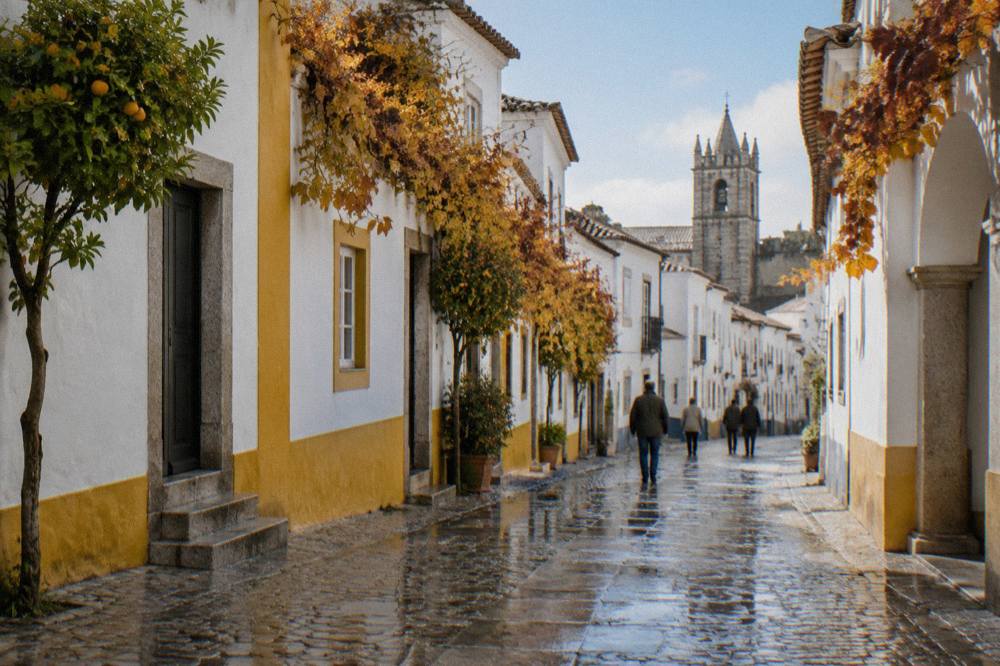A quiet cobblestone street in Évora with wet flagstones reflecting autumn light after rain