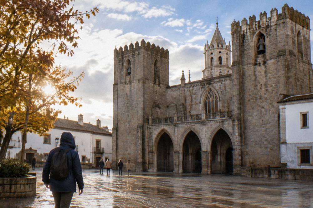 A traveller in a rain jacket walking past the Gothic arches of Évora cathedral on an overcast day