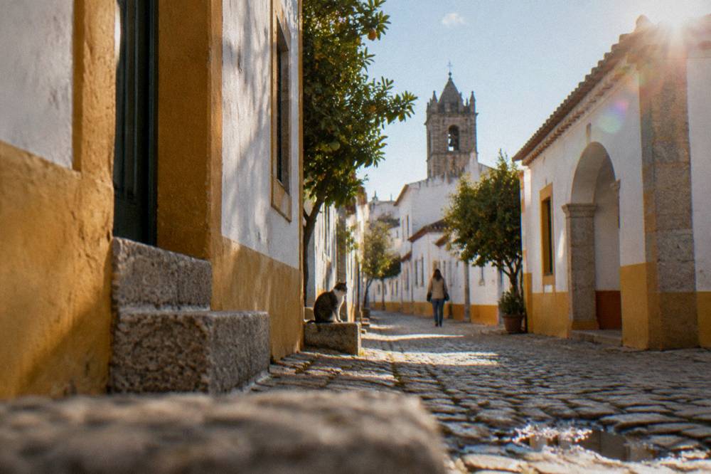 A red Intercidades train waiting at a small Alentejo station platform in soft autumn light