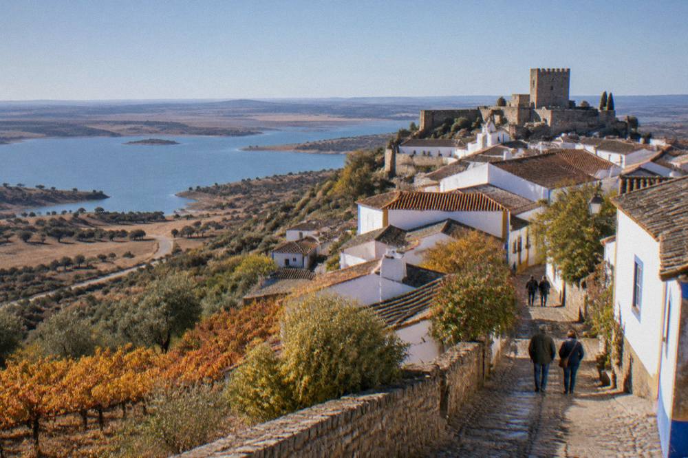 The walled village of Monsaraz seen across brown autumn hills above a wide reservoir