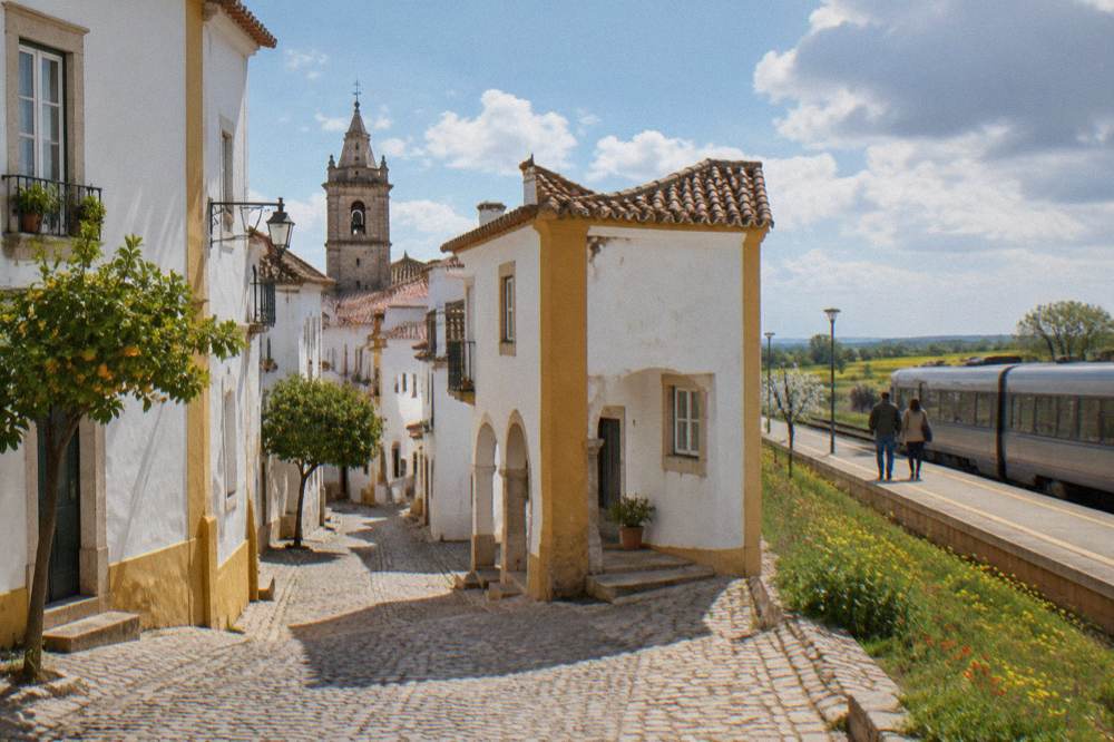 Intercidades train waiting at a rural Alentejo platform with green spring fields beyond the track
