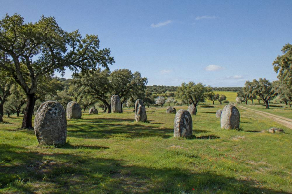 Standing stones of the Almendres cromlech surrounded by green grass and cork trees on the Alentejo plain