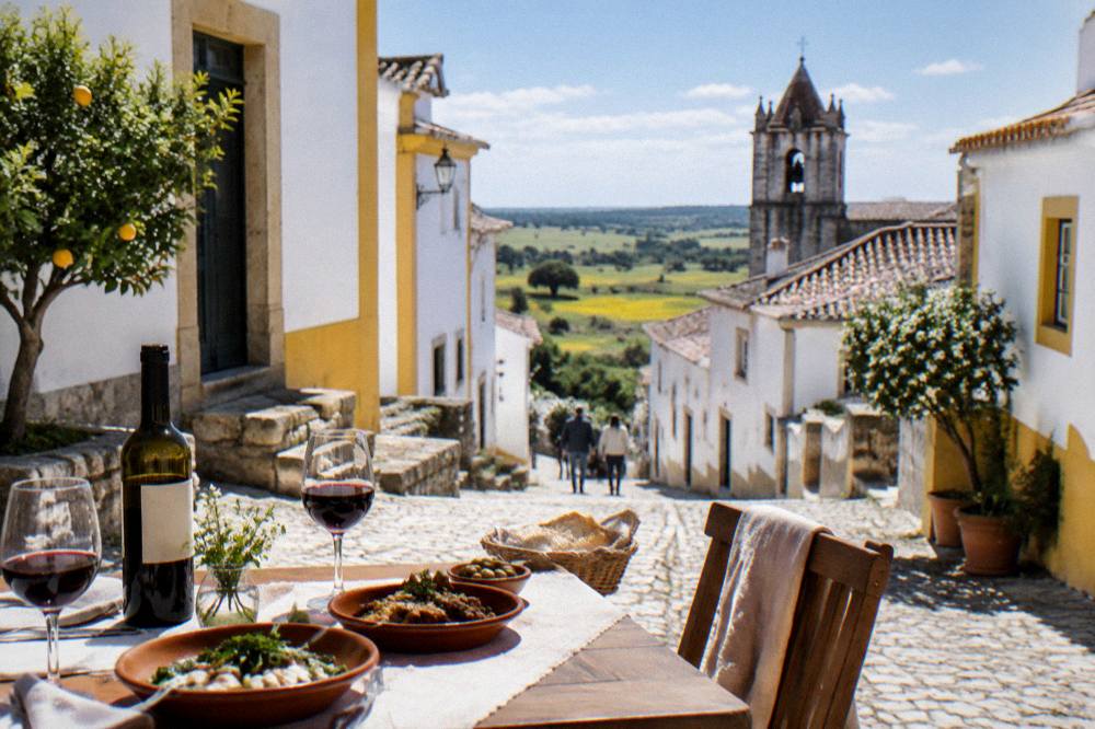 Table set for a spring lunch with Alentejo wine on a sunlit terrace in Évora