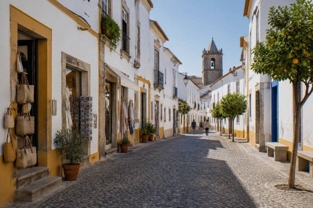 A narrow shopping street inside Évora's walled historic centre with small shopfronts and white buildings