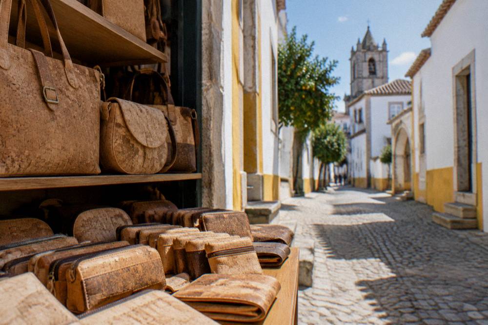 Cork handbags and wallets displayed on shelves in a small shop in Évora