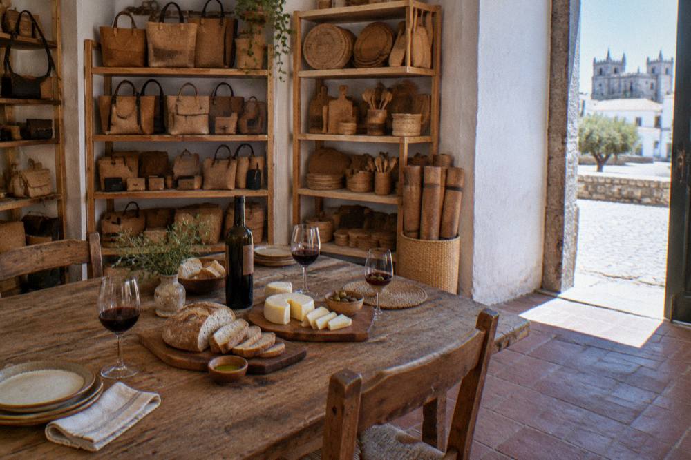A rustic table set with Alentejo bread, cheese and wine ready for a cooking class meal