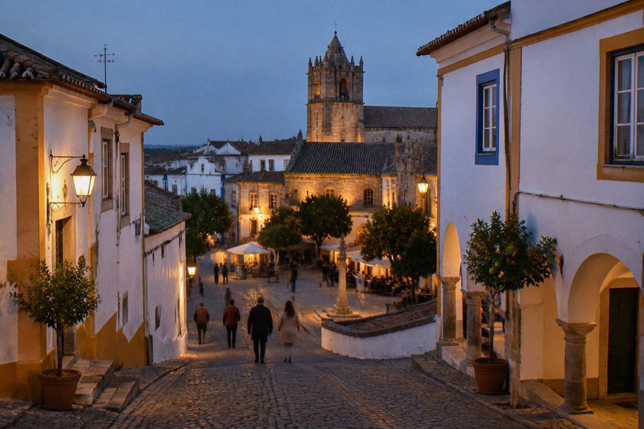 A warmly lit medieval square in Évora at dusk with people walking between old stone buildings