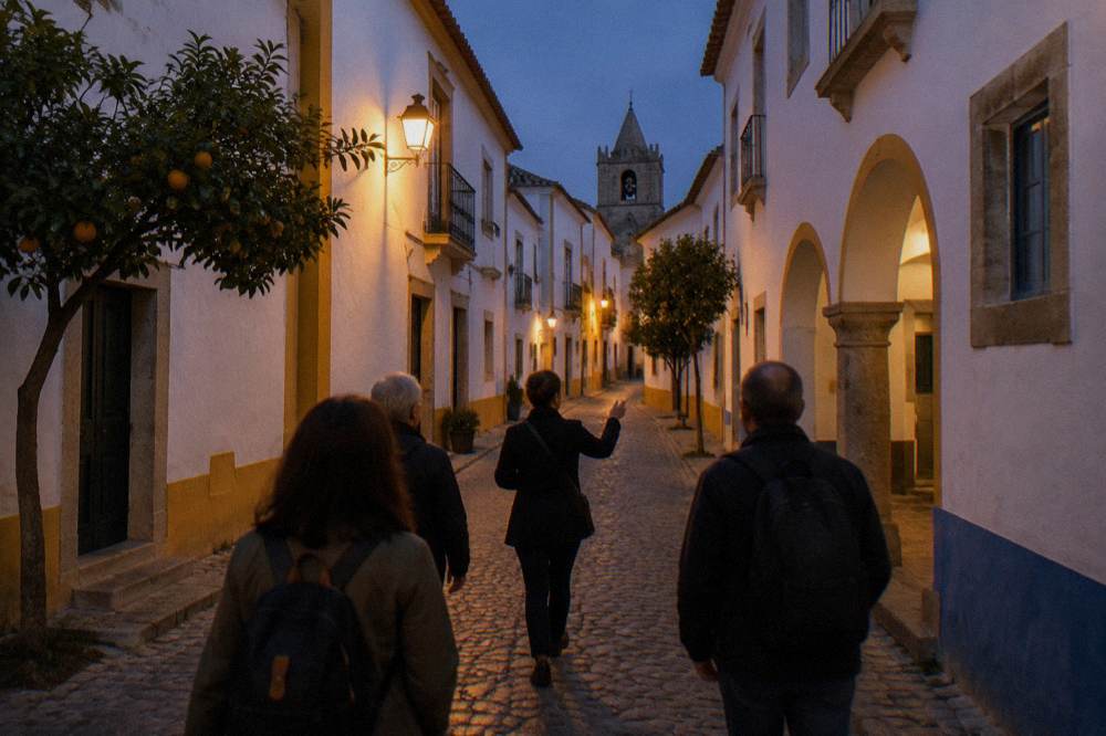 A guide leading a small group of visitors down a narrow lamp-lit street in Évora at night