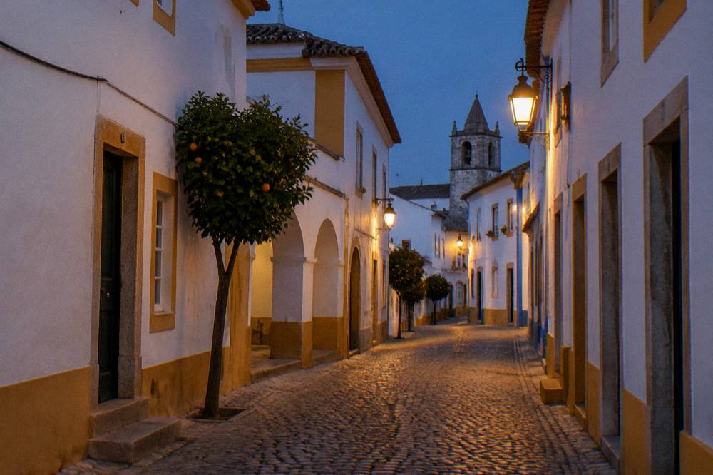 An empty lamp-lit cobbled lane between whitewashed buildings in Évora at night