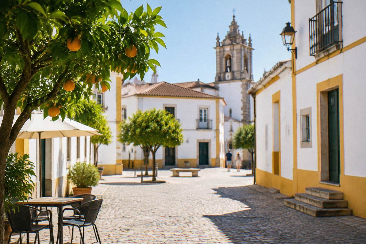 Sunlit square in the historic centre of Évora with whitewashed buildings and a church tower