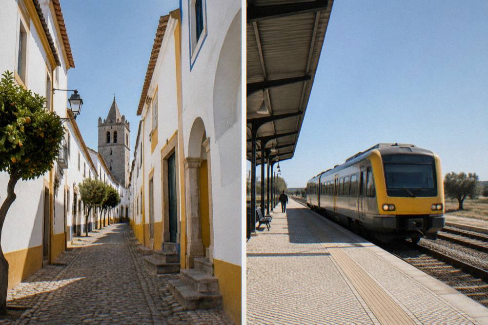 Railway platform at Évora station with a regional train waiting