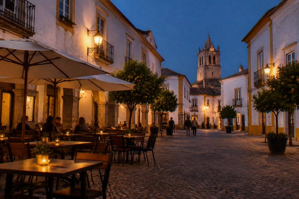 Tables set outside a restaurant on a square in Évora at dusk