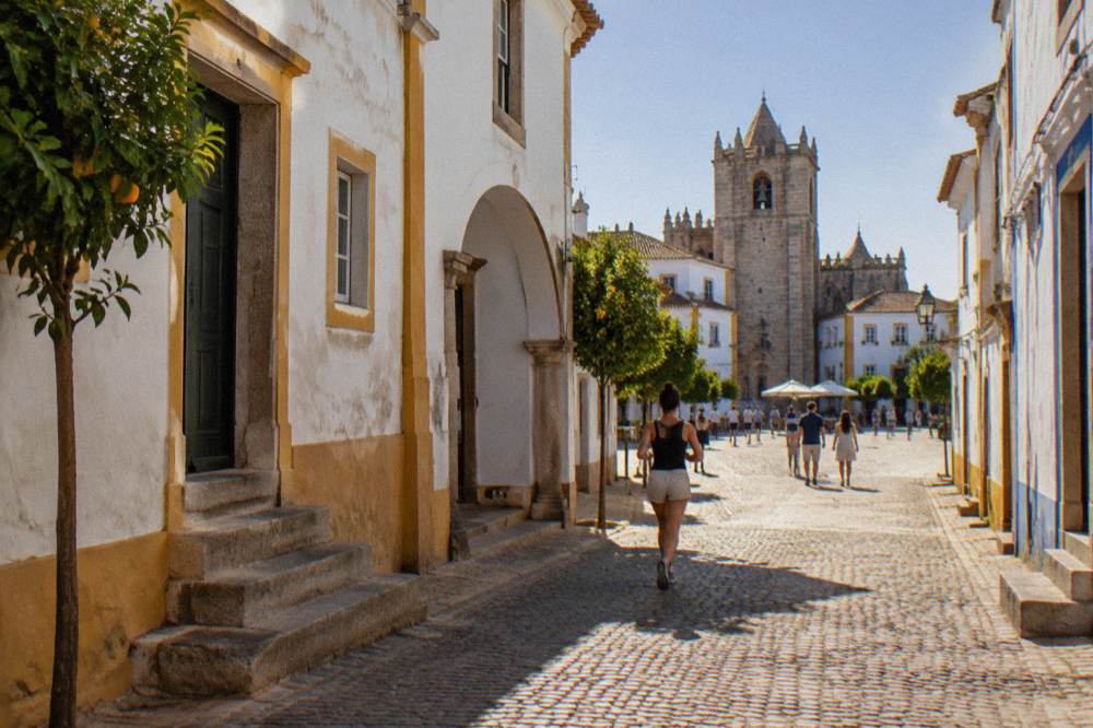 Visitors walking across a sunlit square in the centre of Évora near the cathedral