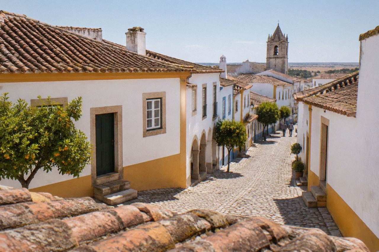 Golden light on the whitewashed houses and tiled roofs of Évora's historic centre seen from above