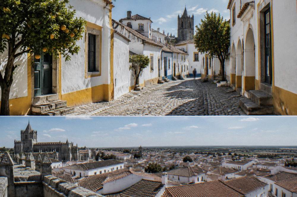 Panoramic view across the tiled rooftops of Évora from the cathedral roof terrace