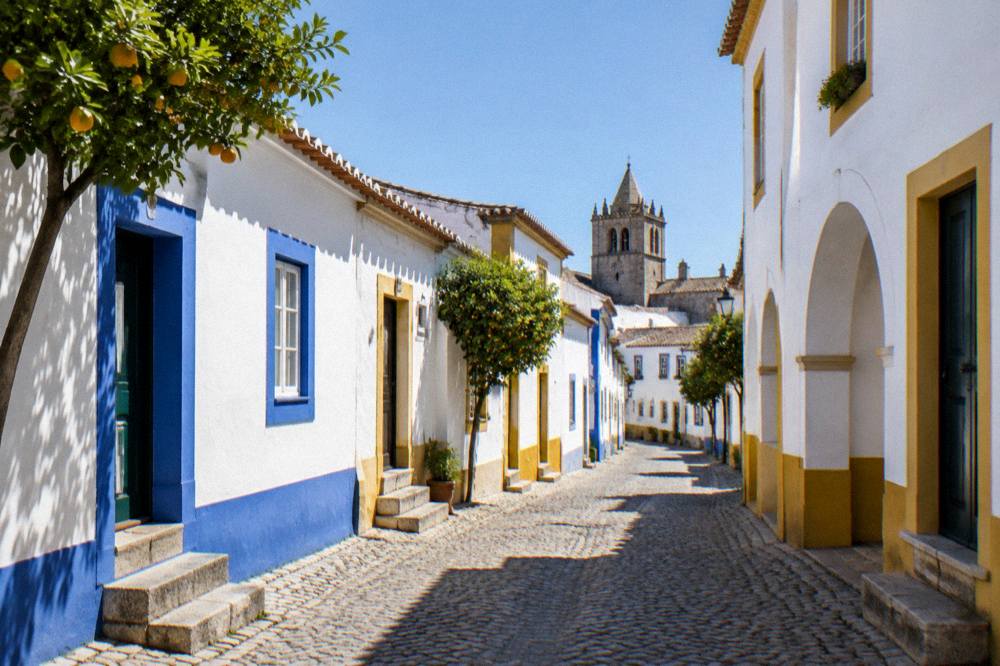 A quiet whitewashed lane in Évora with blue and yellow trim on the doorways