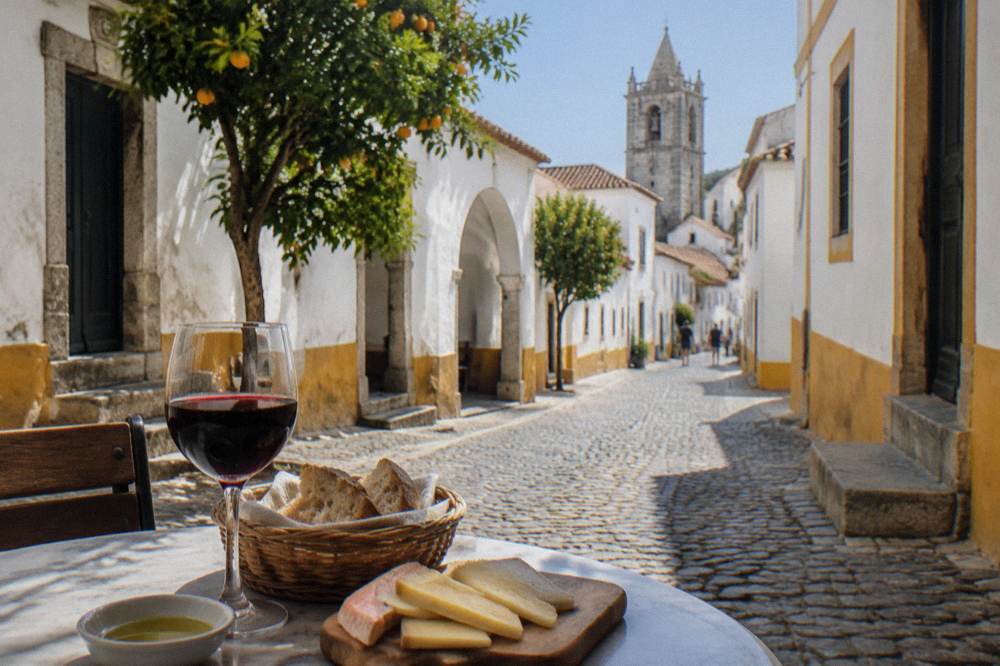 A café table on a cobbled street in Évora with bread, cheese and a glass of red Alentejo wine