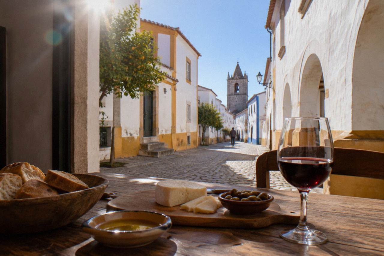 A rustic wooden table in an Alentejo dining room set with bread, olive oil, cheese and a glass of red wine