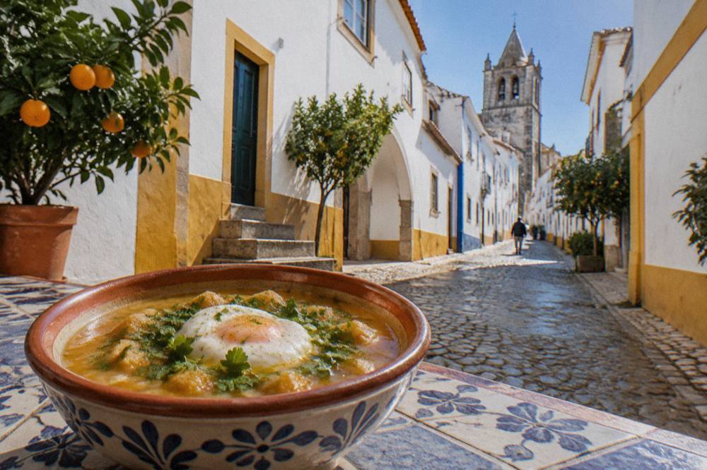 A bowl of Alentejo bread soup with coriander and a poached egg on a tiled counter