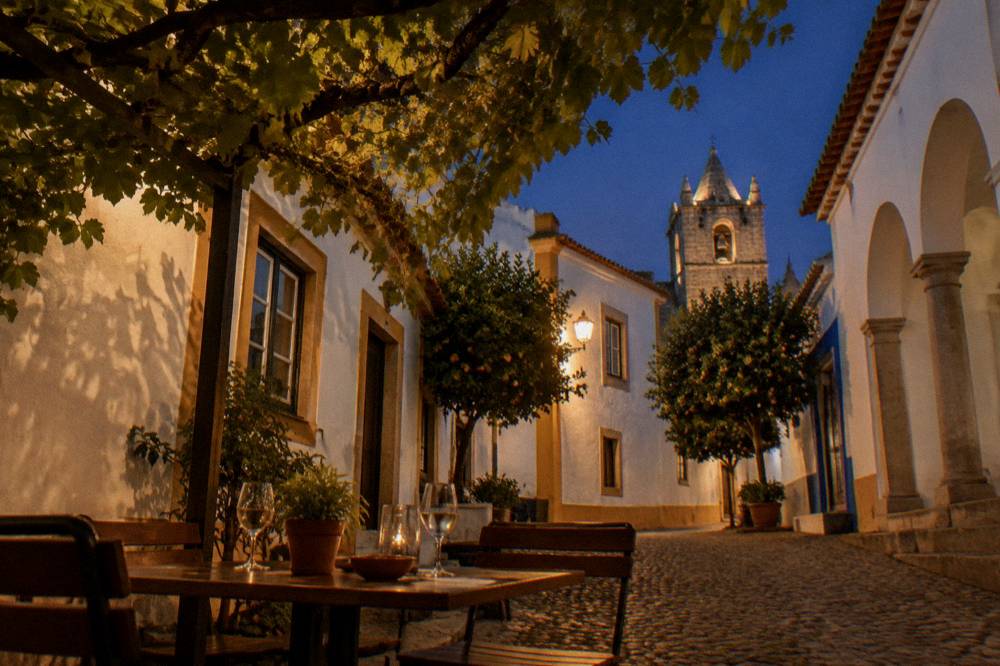 An outdoor table with shade under a vine canopy on a warm evening in the Alentejo