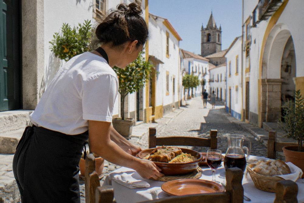 A server placing a clay dish of pork with migas on a dining table
