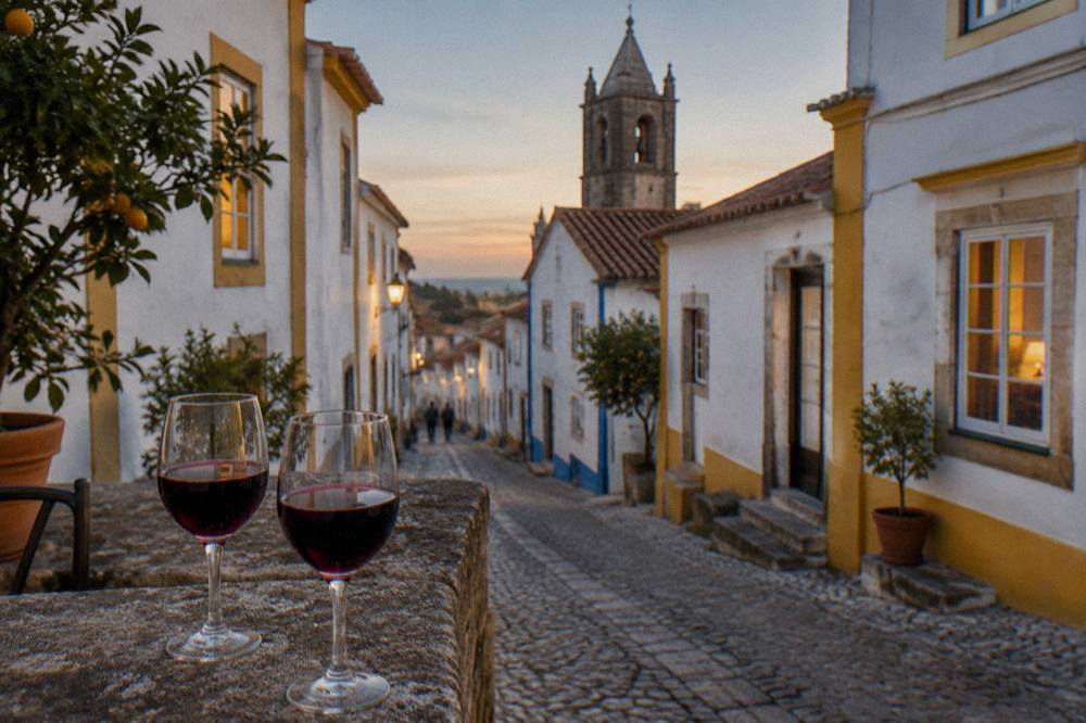 Two glasses of Alentejo red wine on a stone terrace at dusk in Évora
