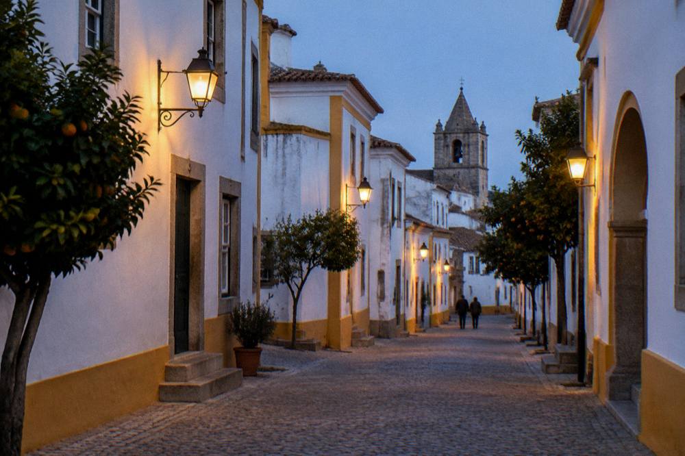 A quiet lane inside the walls of Évora at dusk with lantern light on whitewashed walls