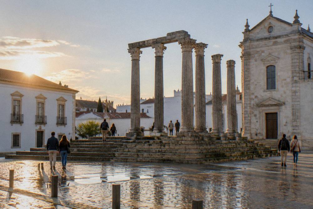 Visitors walking freely among the granite columns of the Roman temple in Évora at golden hour