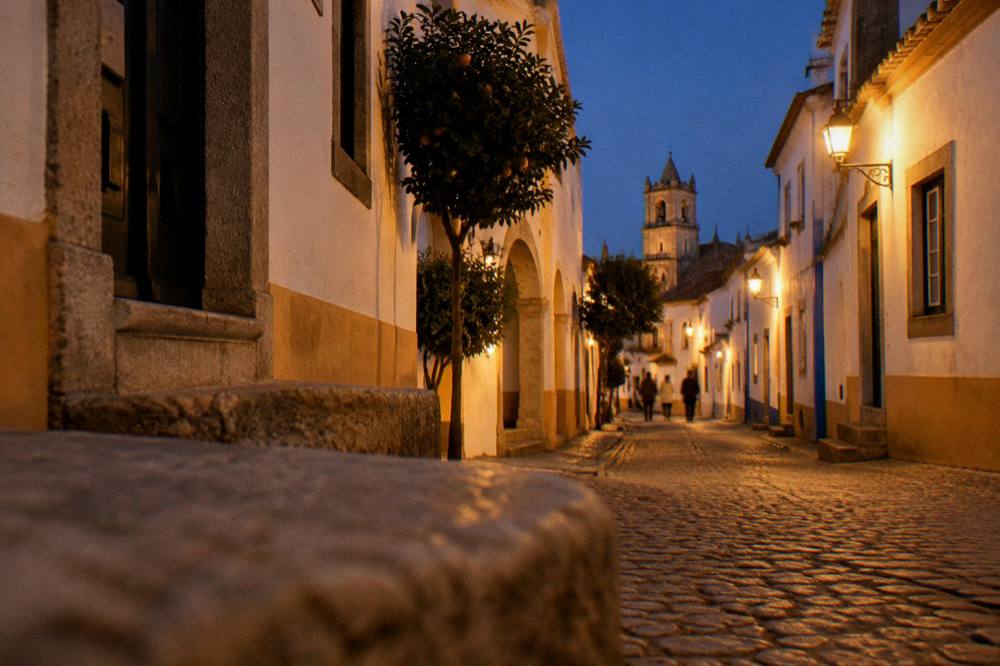 The floodlit walls and rooftops of Évora's old town seen at dusk