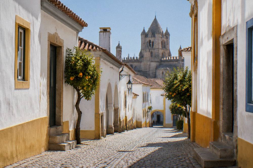 A quiet morning street in Évora's walled old town with the cathedral tower beyond