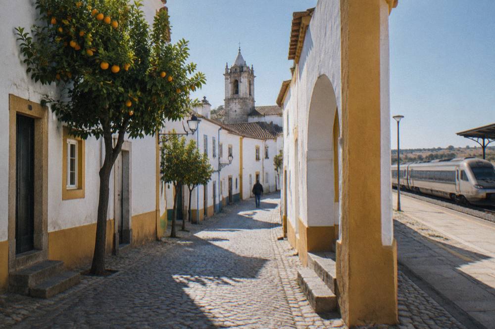 A CP Intercidades train waiting at a platform on the Lisbon to Évora railway line