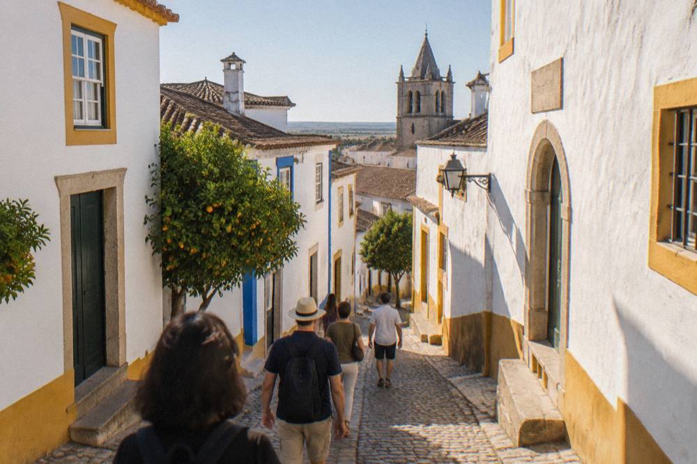 Small group following a guide down a narrow whitewashed street in Évora's historic centre