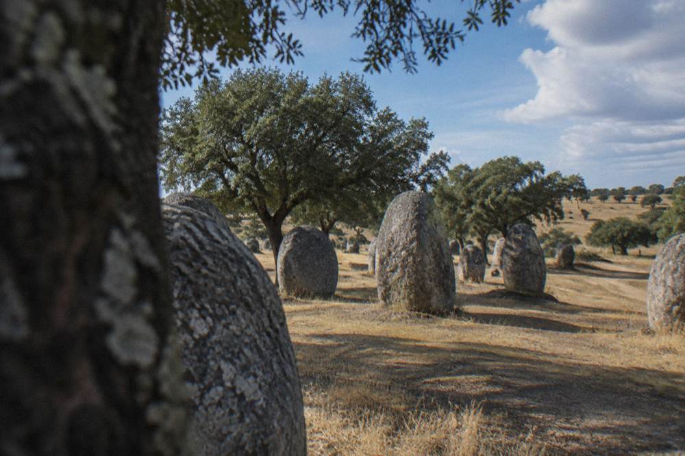 Standing stones of the Almendres cromlech on a grassy Alentejo hillside under a wide sky
