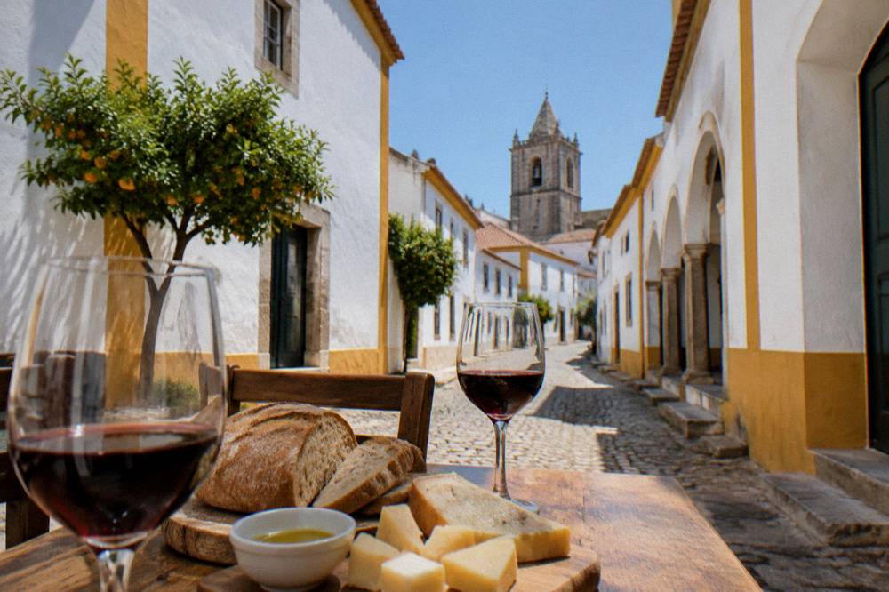 Wine glasses and Alentejo bread and cheese on a wooden table at a tasting room near Évora