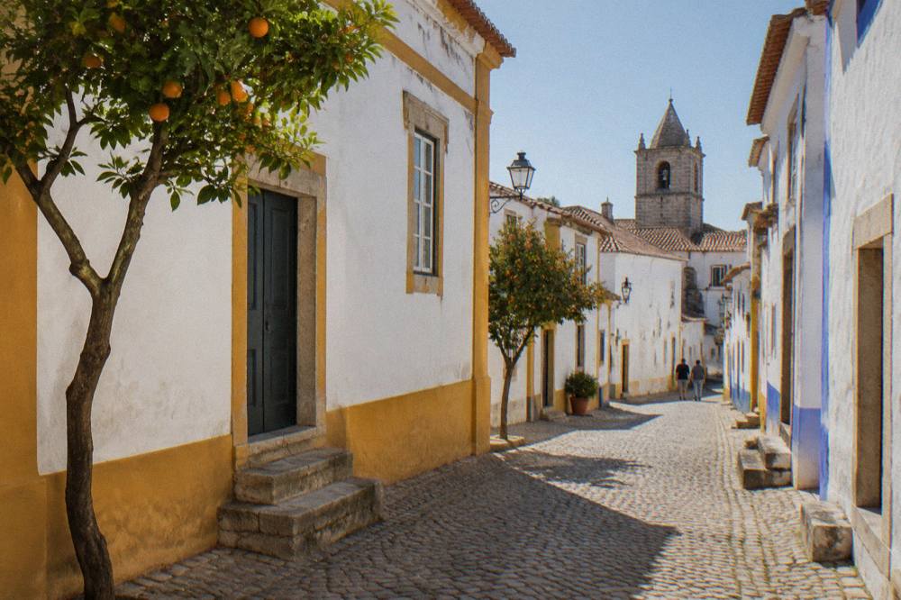 Tourist reading the ticket sign at the entrance to Évora's cathedral on a bright morning